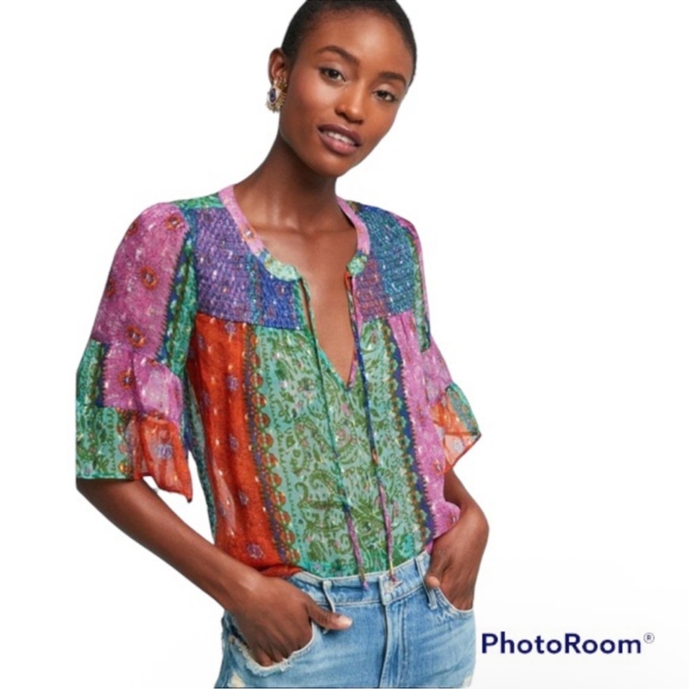 Boho Patchwork Floral Peasant Blouse - Pink, Green, Orange